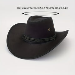 Unisex Western Cowboy Hat Solid Jazz Fedora Cap w/ Lanyard