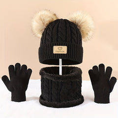 Winter Fur Ball Beanie Scarf Gloves Set
