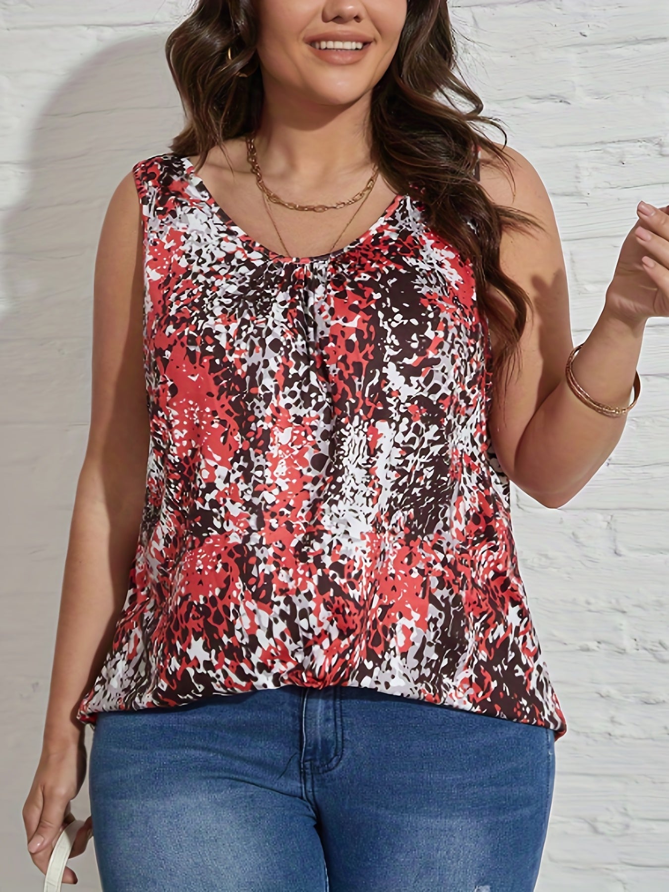 Casual Tank Top Women's Plus Random Print Round Neck Tank Top
