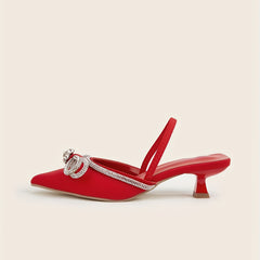 Rhinestone Bow Kitten Heel Slingback Sandals Dress Low Heels
