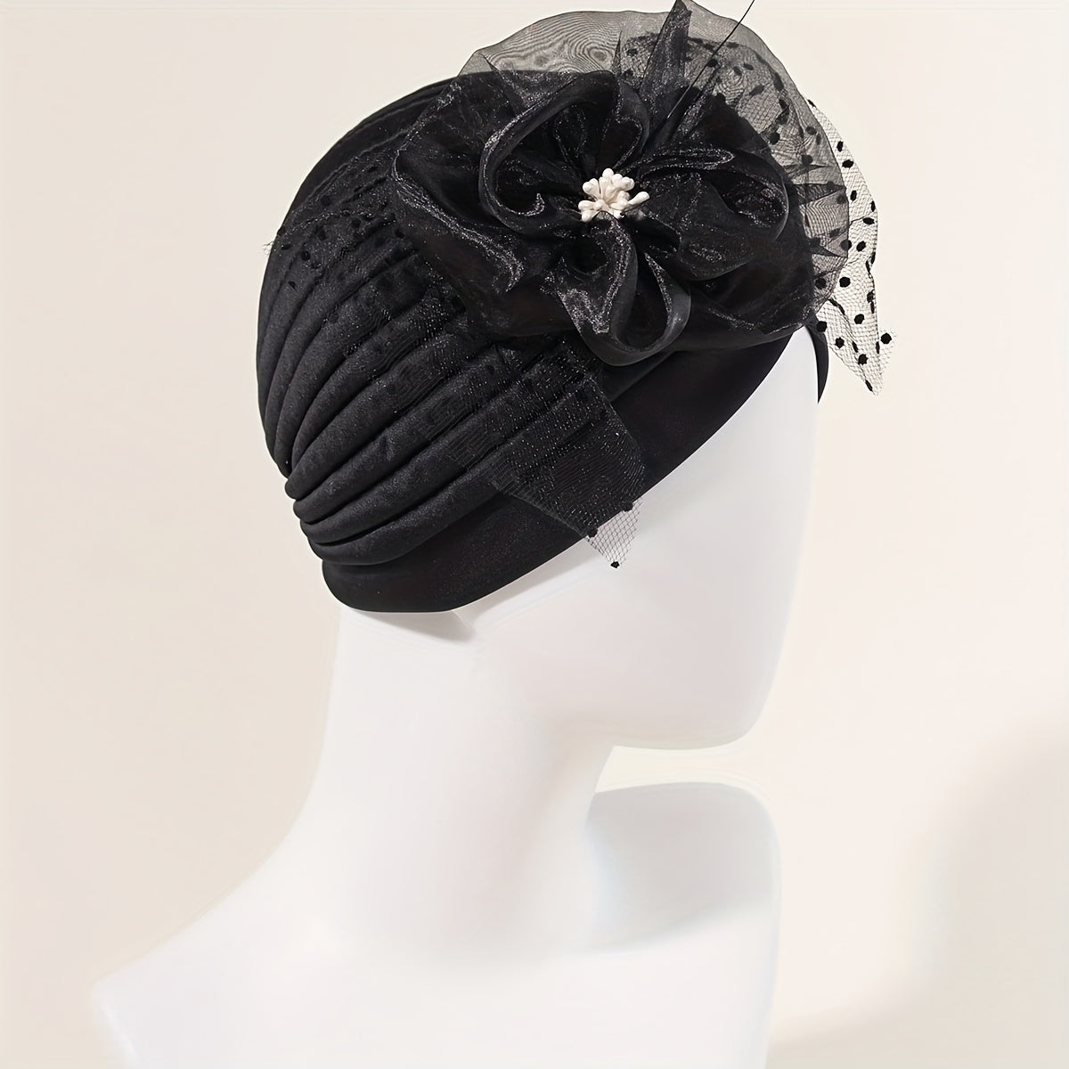 Feather Mesh Flower Turban Cap Solid Head Wrap Elastic Bonnet Chemo Hats