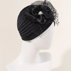 Feather Mesh Flower Turban Cap Solid Head Wrap Elastic Bonnet Chemo Hats
