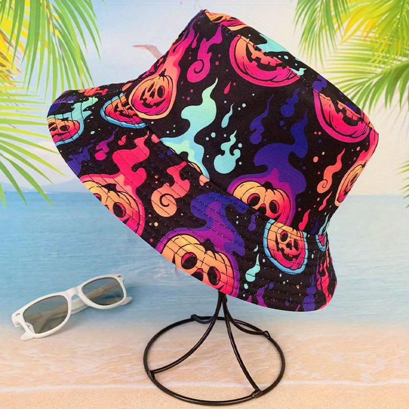 Unisex Sunshade Bucket Hat With Cartoon Pumpkin Print