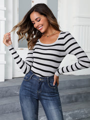 Striped Print Knit Sweater Slim Crew Neck Long Sleeve