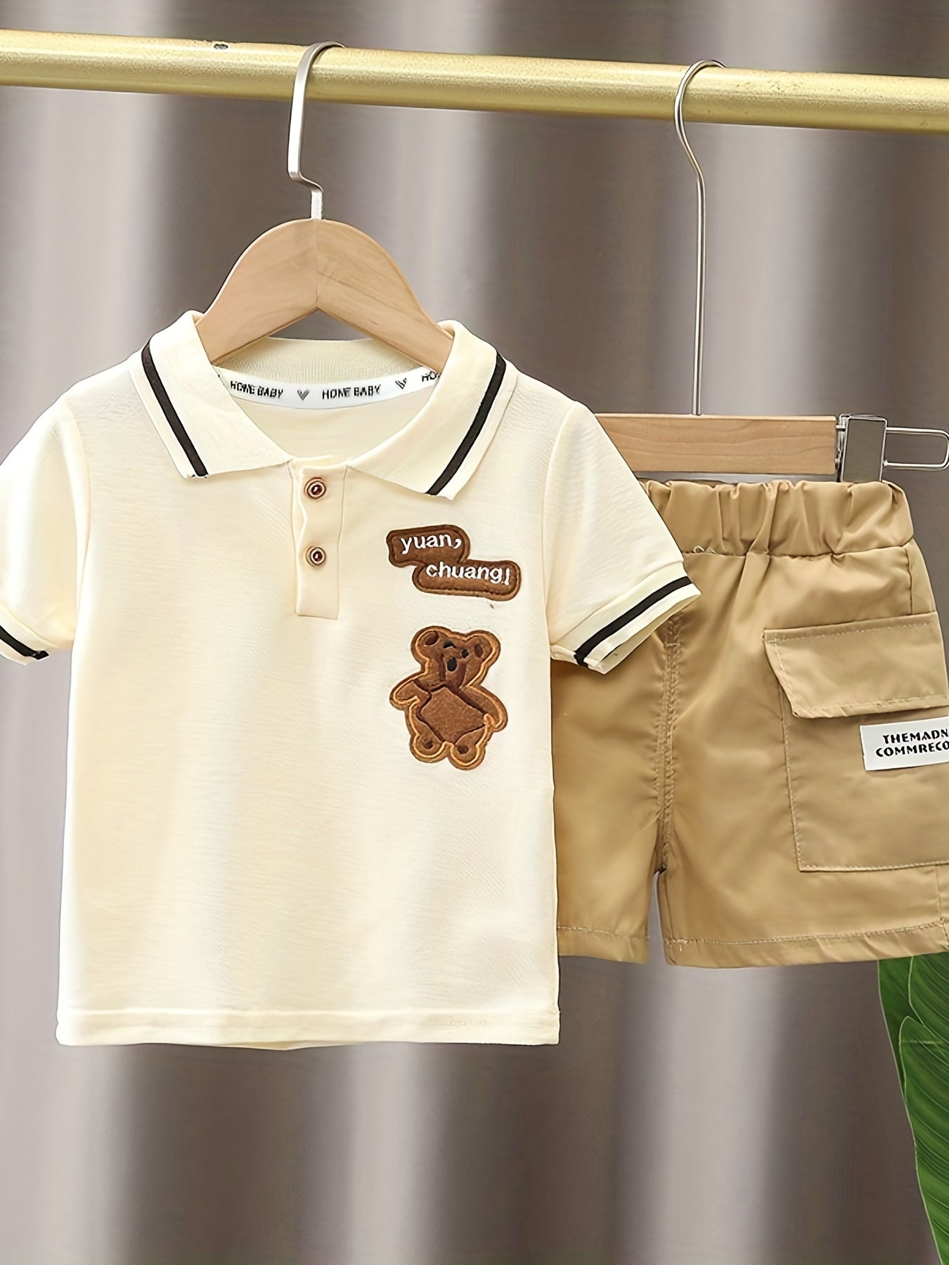 Boys Casual Suit Bear & Letter Embroidered Shirt Shorts