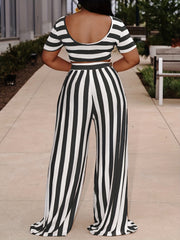 Striped Two Piece Set Short Sleeve Crop Top & Wide Leg Pants Women's Outfit