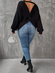 Casual Sweater Women's Plus Solid Lantern Sleeve V Neck Twist Back