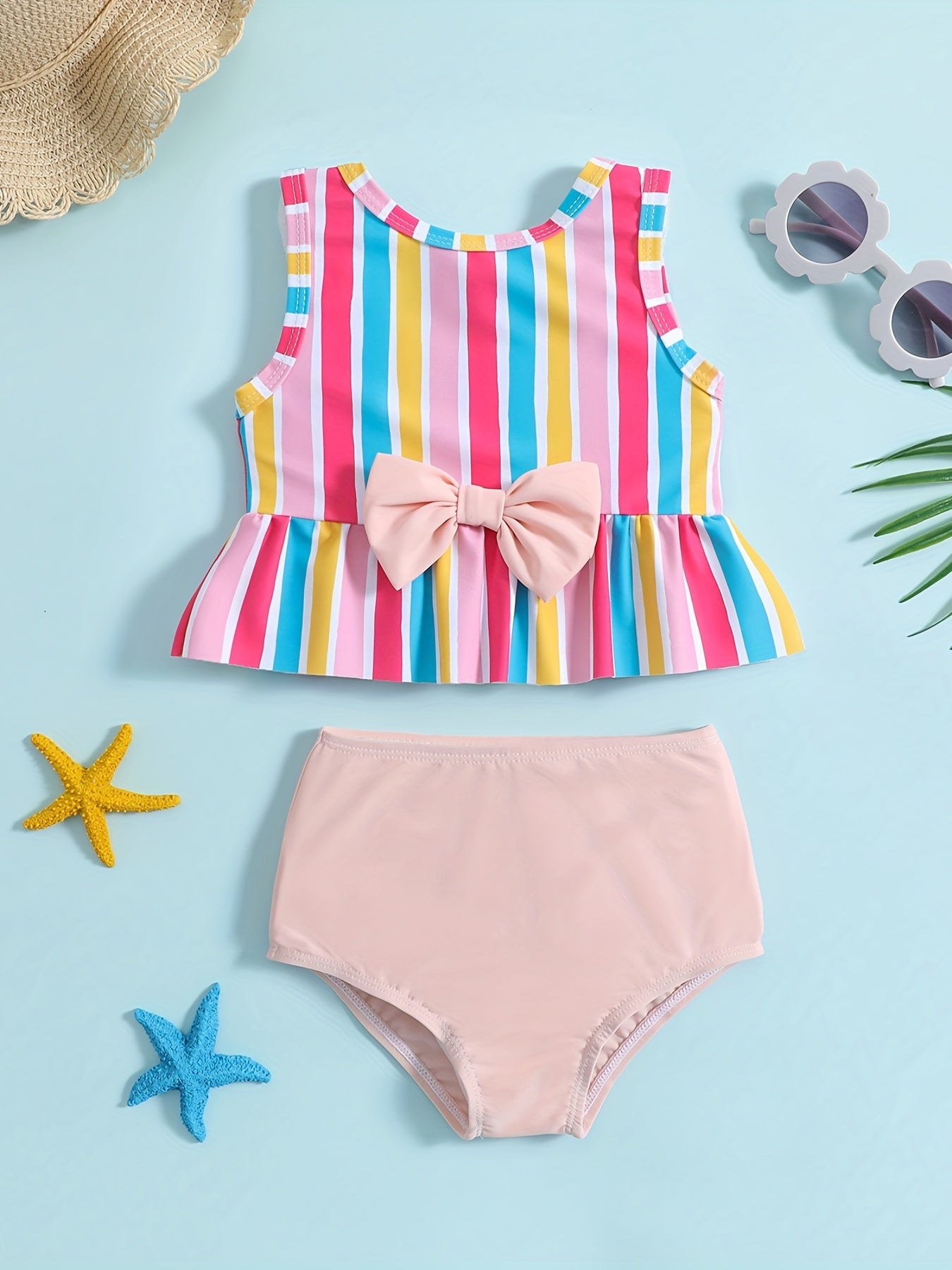 Girls Striped Sleeveless Bikini Tankini Swimsuit Set with Bowtie