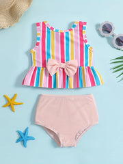 Girls Striped Sleeveless Bikini Tankini Swimsuit Set with Bowtie