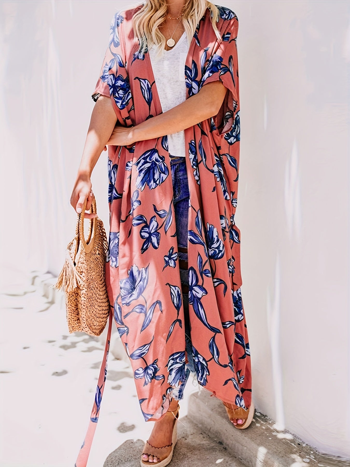 Plant Graphic Cover Up Shirt Loose Fit Non Stretch Beachwear Kimono