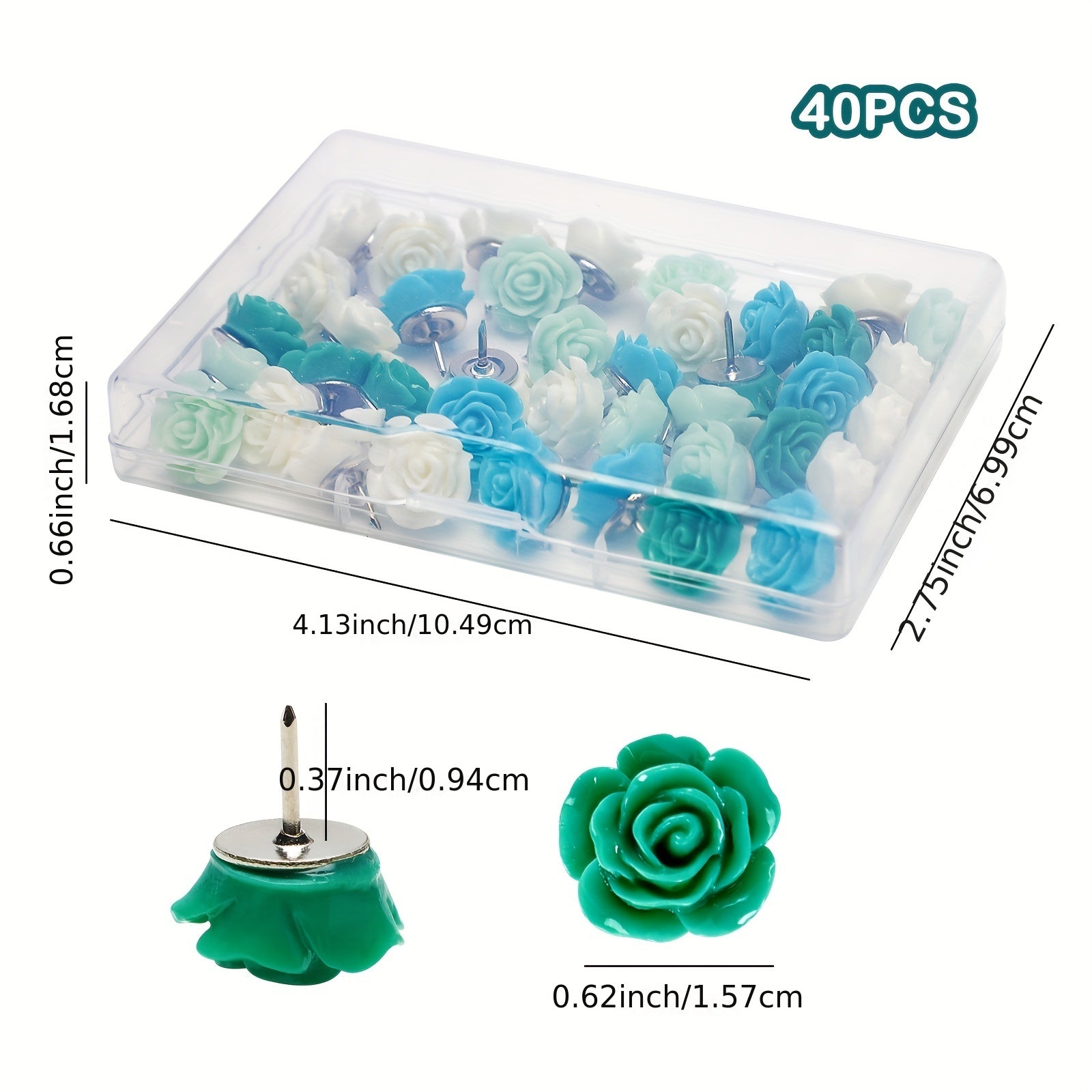 40pcs Rose Theme Push Pins Decorative Flower Cork Board Tacks