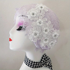 Flower Decor Lace Beanie Hollow Out Turban Cap French Style Head Wrap
