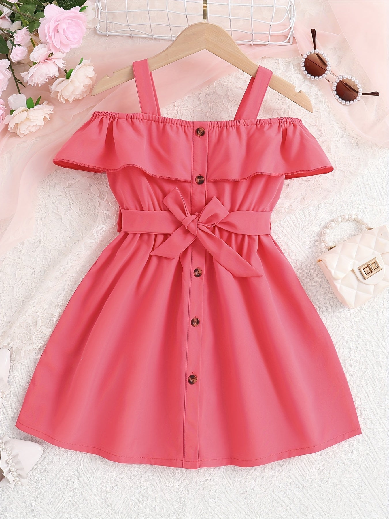 Toddler Girls Ruffle Trim Cold Shoulder Dress For Party Beach Vacation