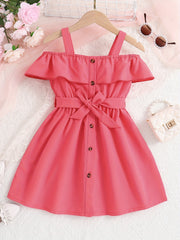 Toddler Girls Ruffle Trim Cold Shoulder Dress For Party Beach Vacation