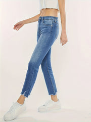 Plus Washed Button Fly Fringe Trim High Stretch Straight Leg Jeans