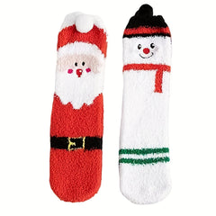 2 Pairs Christmas Fuzzy Socks Elk Cartoon Fleece Warm Sock Santa Claus Socks
