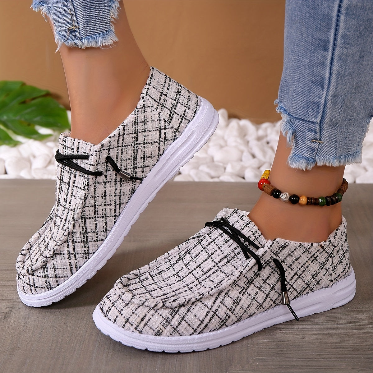 Women's Plaid Canvas Slip On Loafers Casual Flat Walking Shoes