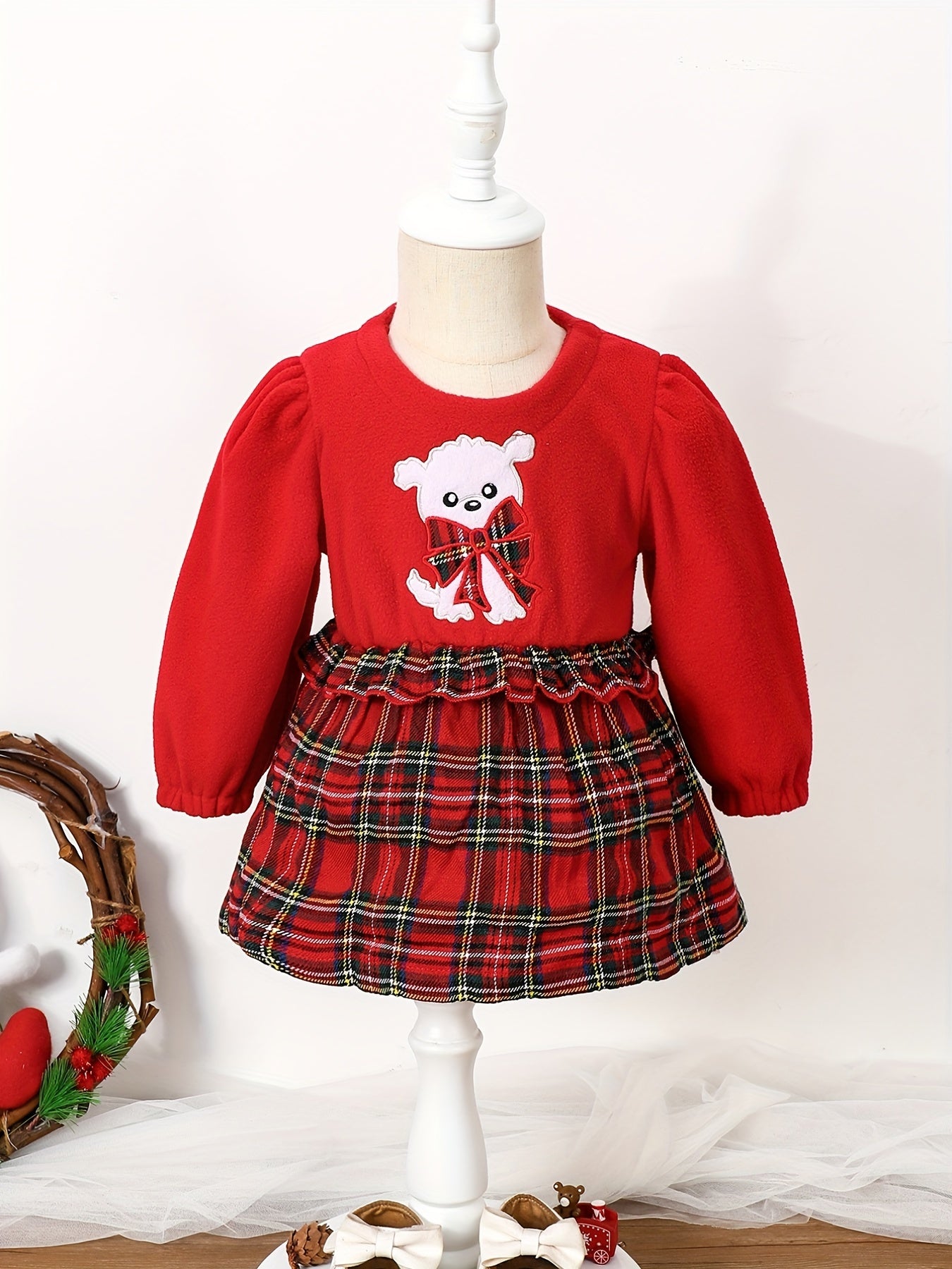 Puppy Embroidered Plaid Long Sleeve Dress Toddler Baby Girls Casual Dress