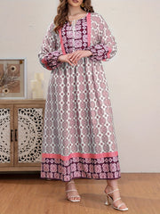 Boho Abaya Dress Women's Plus Allover Print Tassel Tie Neck