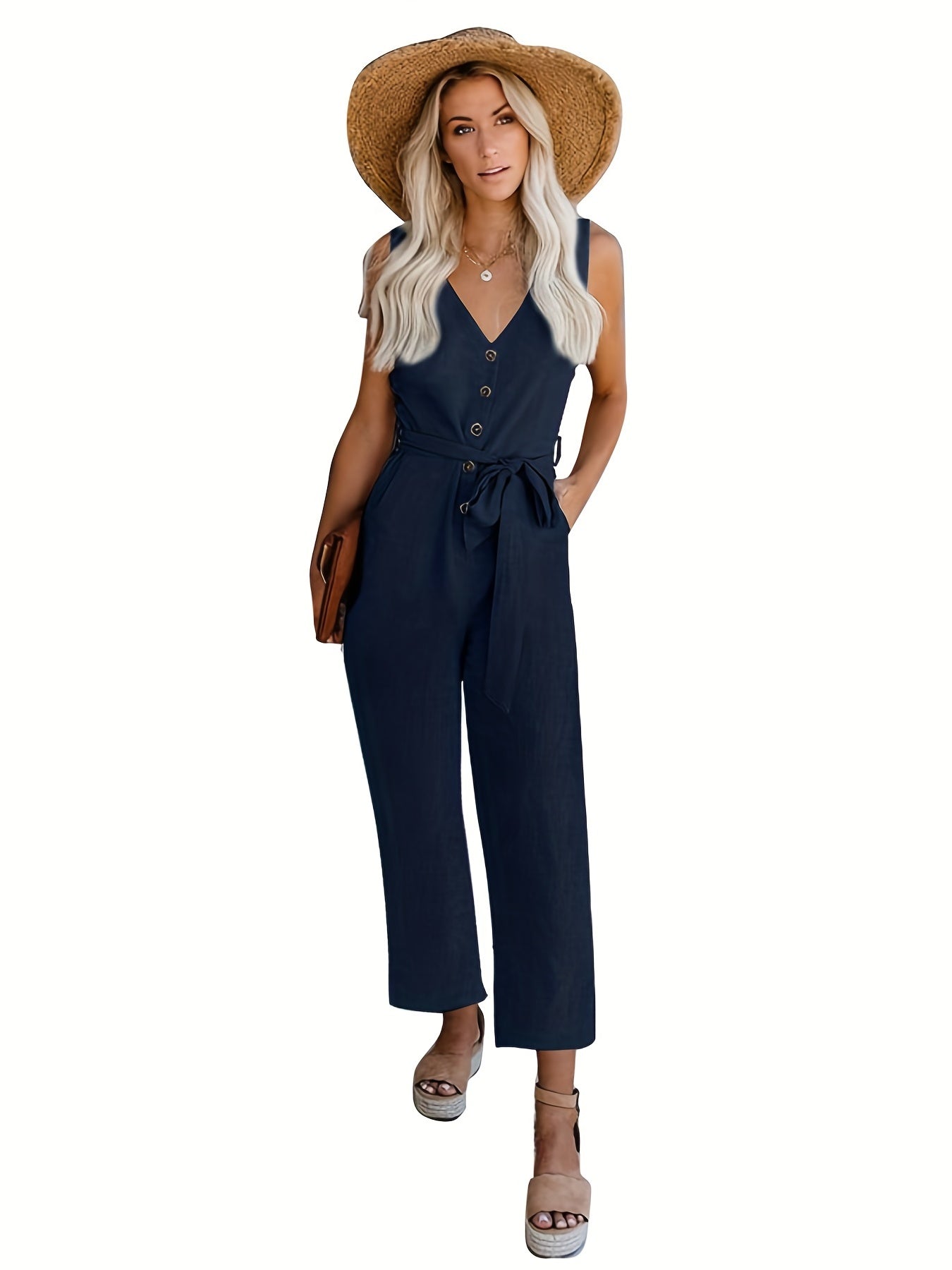 Sleeveless V Neck Jumpsuit Casual Slim Waist for Women