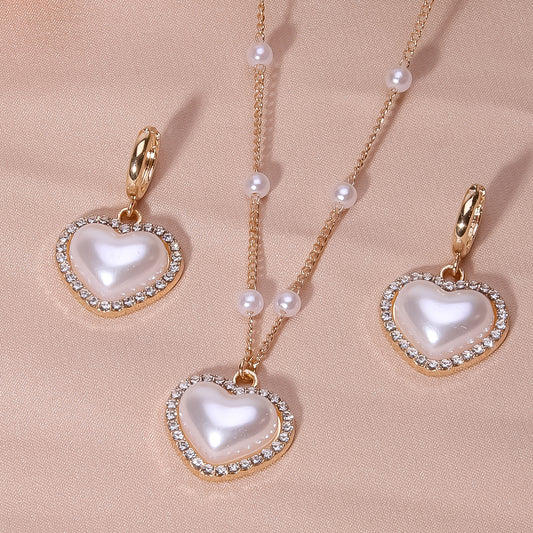 Heart Shape Faux Pearls Jewelry Set Necklace Earrings Rhinestones