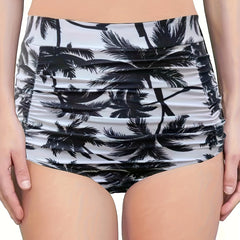 Coconut Tree Print Ruched High Waist Bikini Bottoms