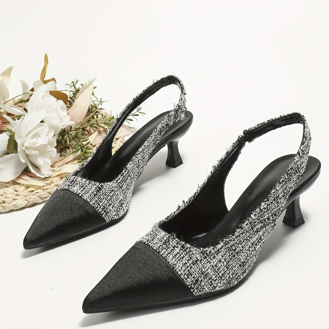 Women's Cap Toe Kitten Heels Pointed Toe Tweed Slip On Slingback Low Heels
