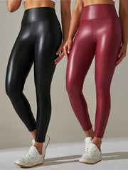 2Pcs High Waist PU Leather Yoga Pants for Women