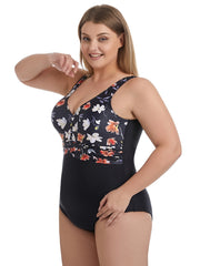 Colorblock Floral Print One Piece Swimsuit Plus Size