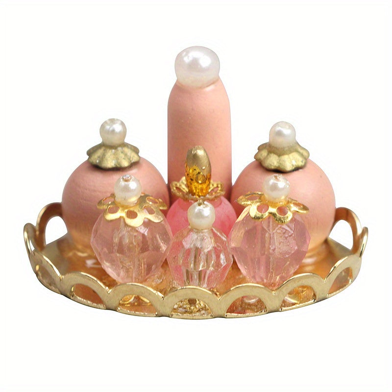 1:12 Dollhouse Bedroom Bathroom Accessories: Golden Tray & Pink Perfume Set