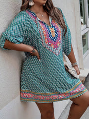 Boho Dress Women's Plus Colorblock Argyle Print Tie V Neck Mini Dress