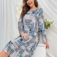 Geometric Pattern Ruffle NightDress Long Sleeve Pajama Dress Women's Sleepwear