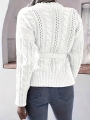 Solid Cable Long Sleeve Button Up Cardigan With Belt