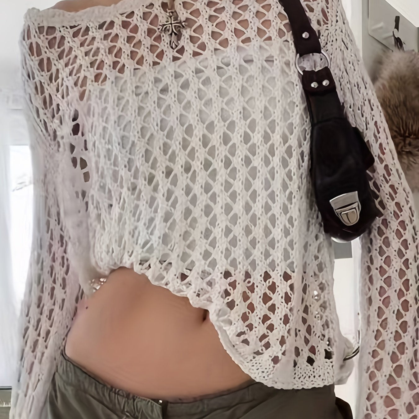 Crochet Beach Wear Knit Sweater Solid Crew Neck Long Sleeve Summer Sweater