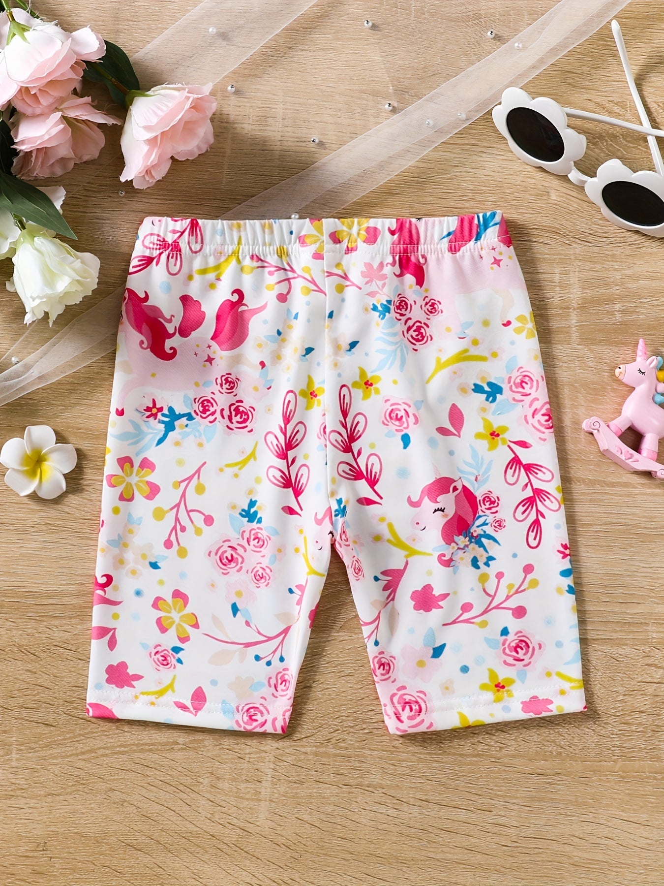 Toddler Girls Unicorn And Flowers Elastic Waist Biker Shorts