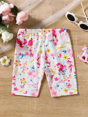 Toddler Girls Unicorn And Flowers Elastic Waist Biker Shorts