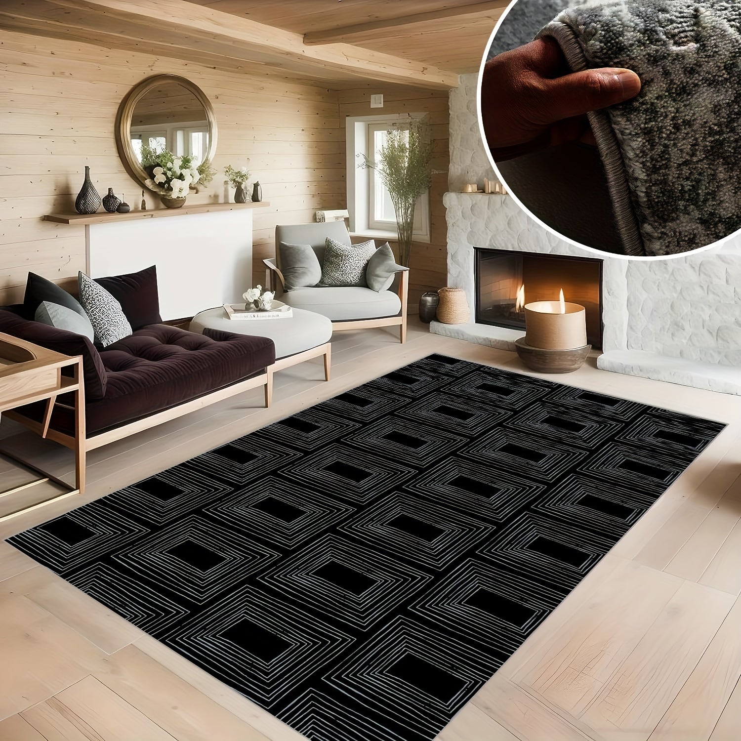 Non Slip Checkered Striped Carpet - Machine Washable Large Carpet for Daily Use
