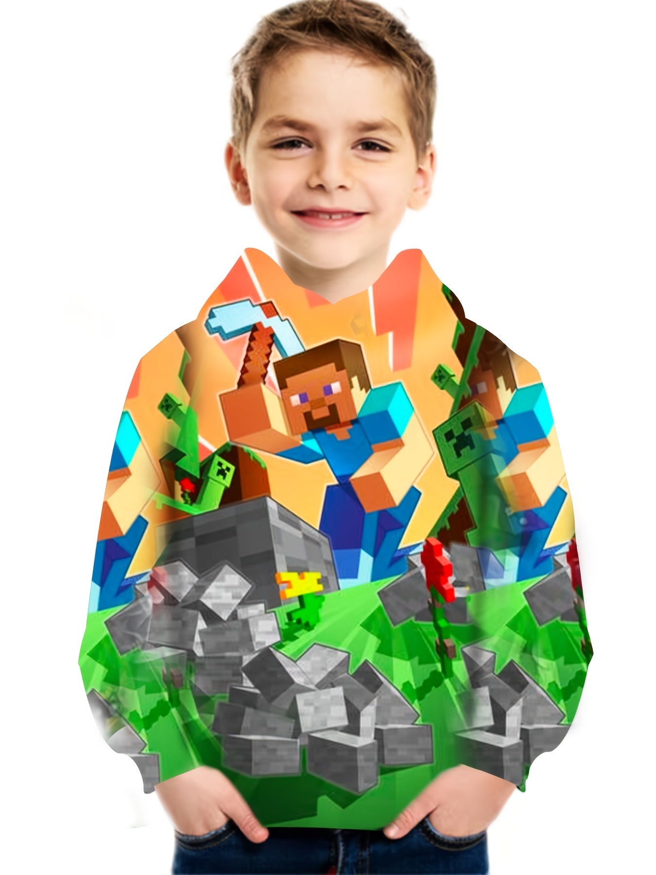 Kids Pixel Style Hooded 3D Print Sweatshirt Teens Hoodie Street Wear