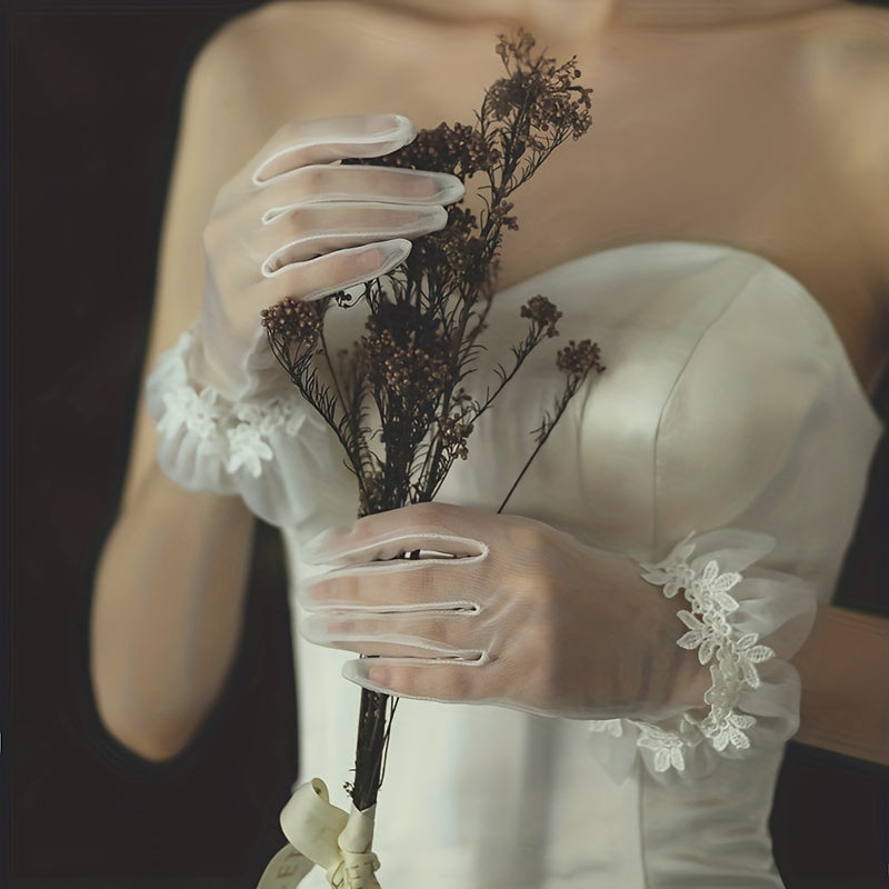 Mesh Flower Embroidery Wedding Dress Gloves Women