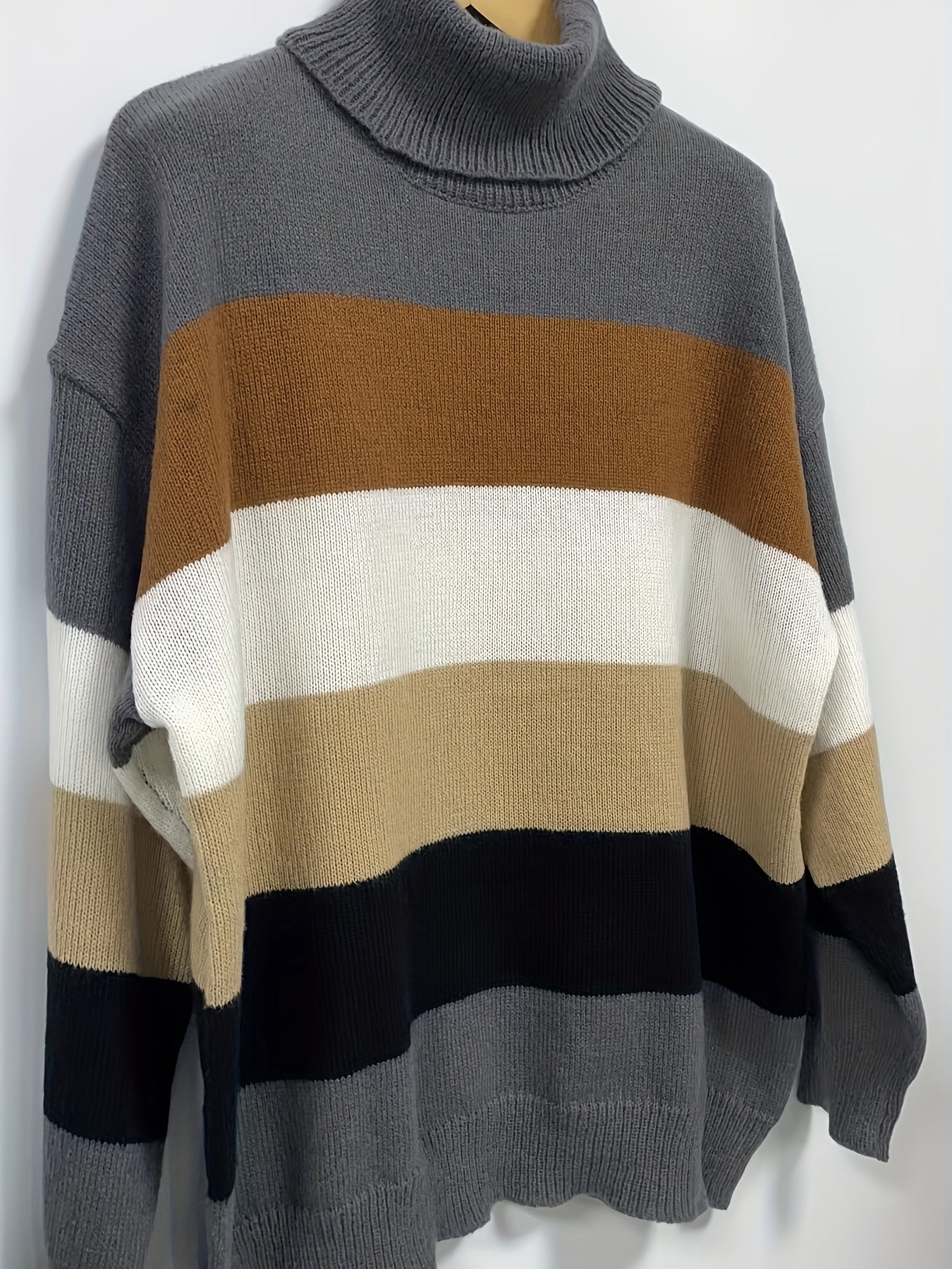 Casual Sweater Women's Plus Colorblock Long Sleeve Turtle Neck Jumper
