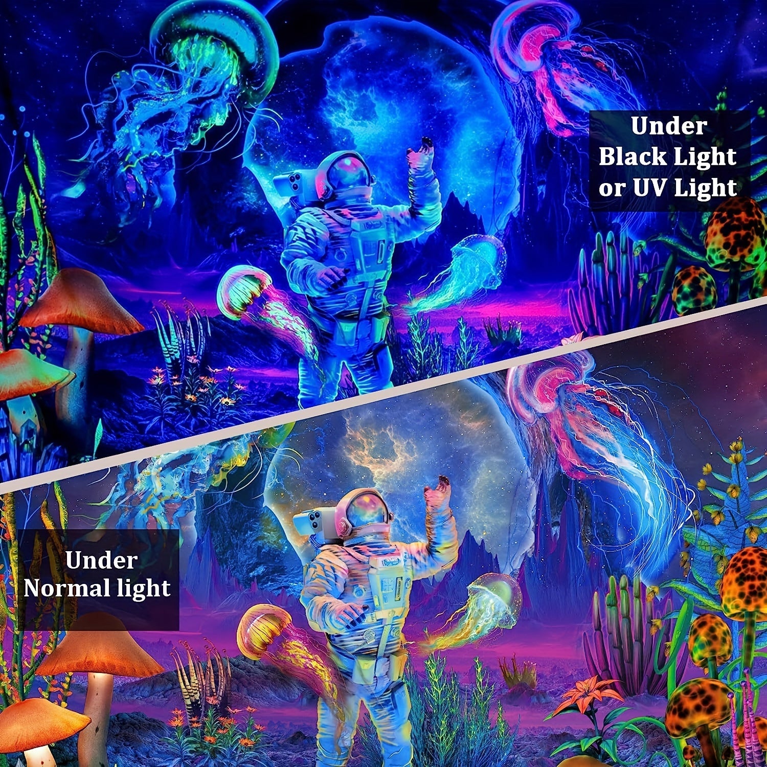 UV Reactive Astronaut Tapestry Plants Jellyfish Neon Galaxy