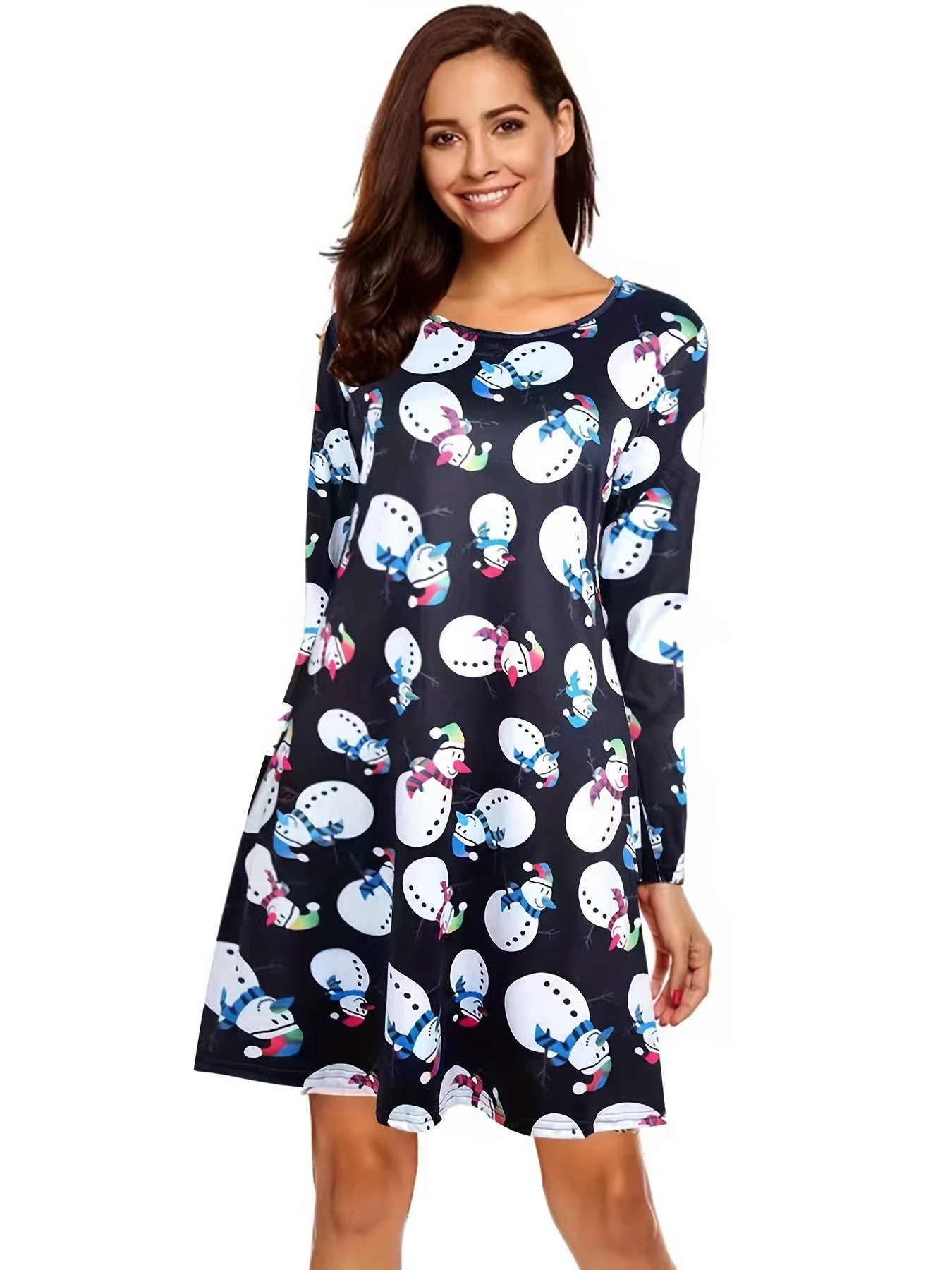 Plus Size Christmas Snowman Print Long Sleeve Mini Dress