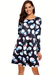Plus Size Christmas Snowman Print Long Sleeve Mini Dress