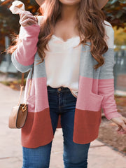 Colorblock Open Front Cardigan With Pockets