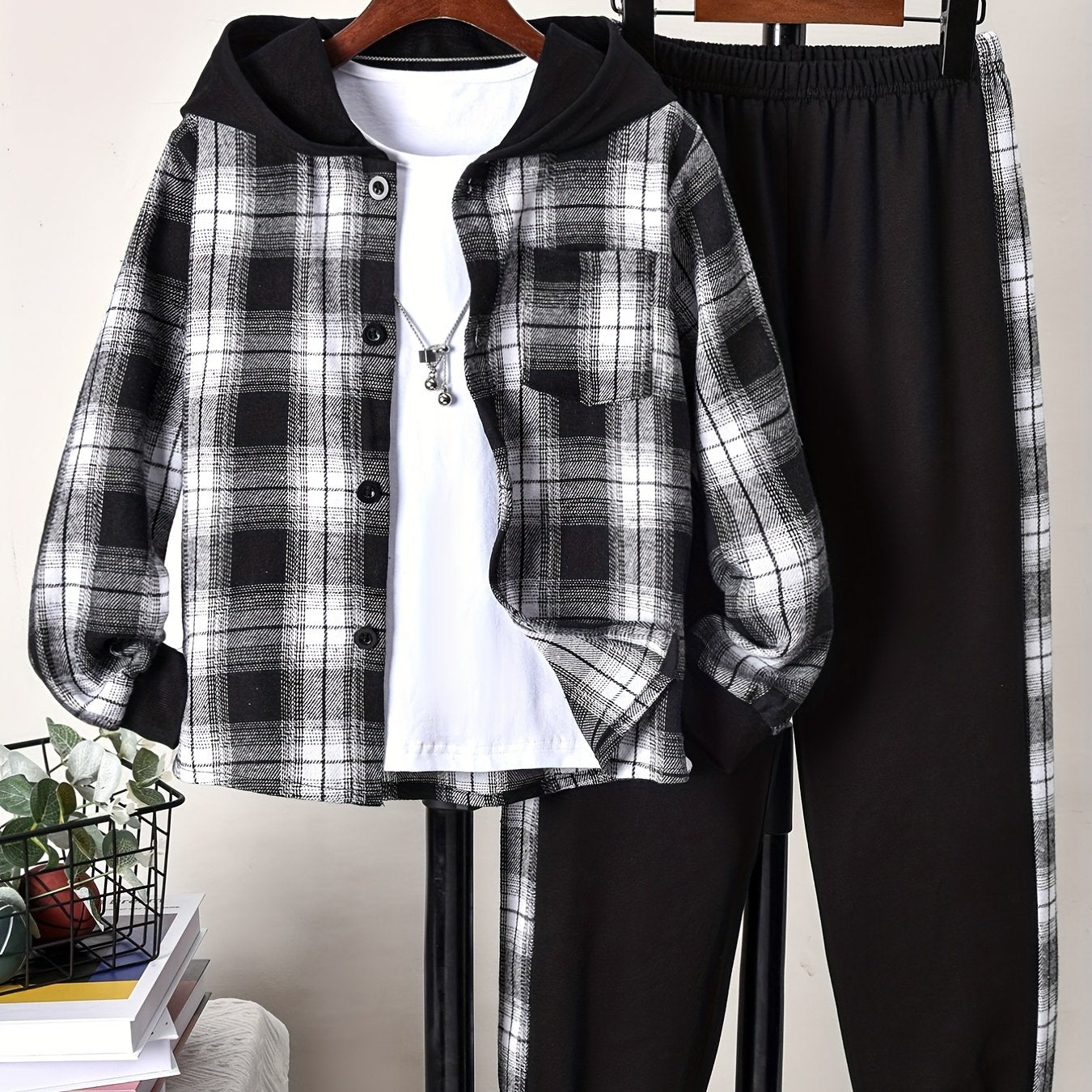 Boys Plaid Button Front Hooded Shirt Sweatpants Set
