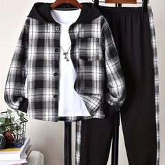 Boys Plaid Button Front Hooded Shirt Sweatpants Set