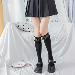 Bow Decor Lace Trim Calf Socks Knee High Stockings Women's Hosiery