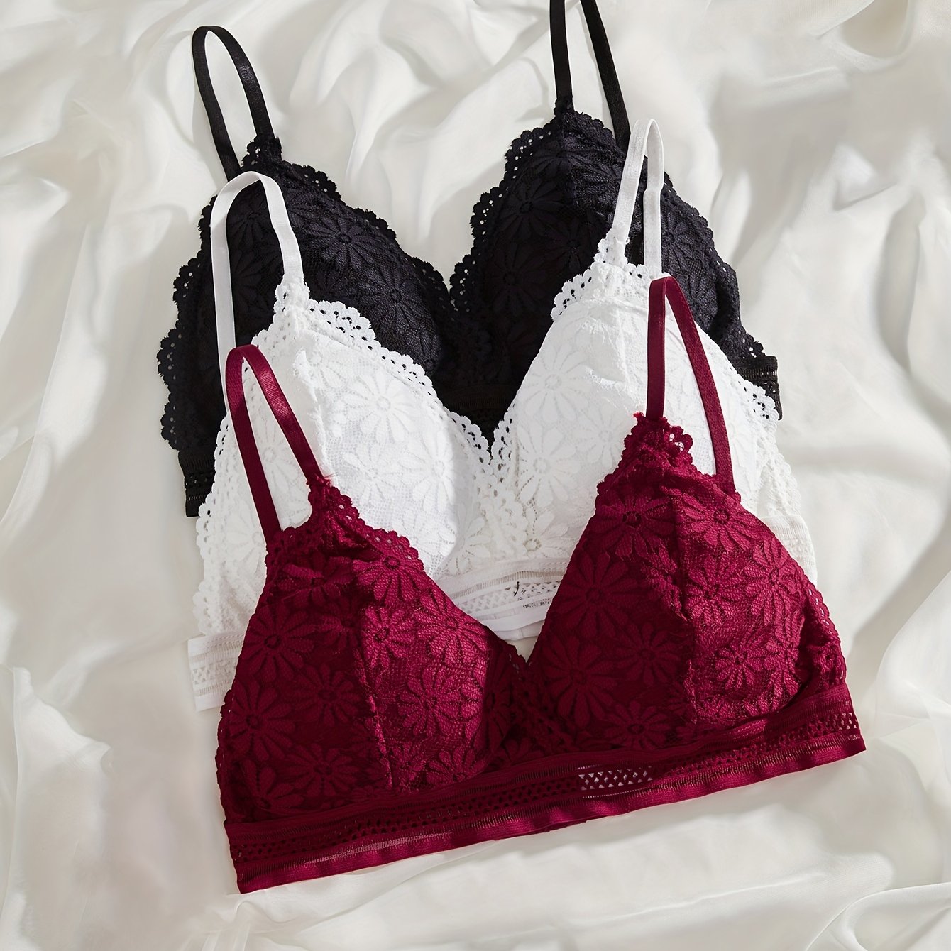 3pcs Lace Wireless Bras Comfy & Scallop Trim Bra Women's Lingerie