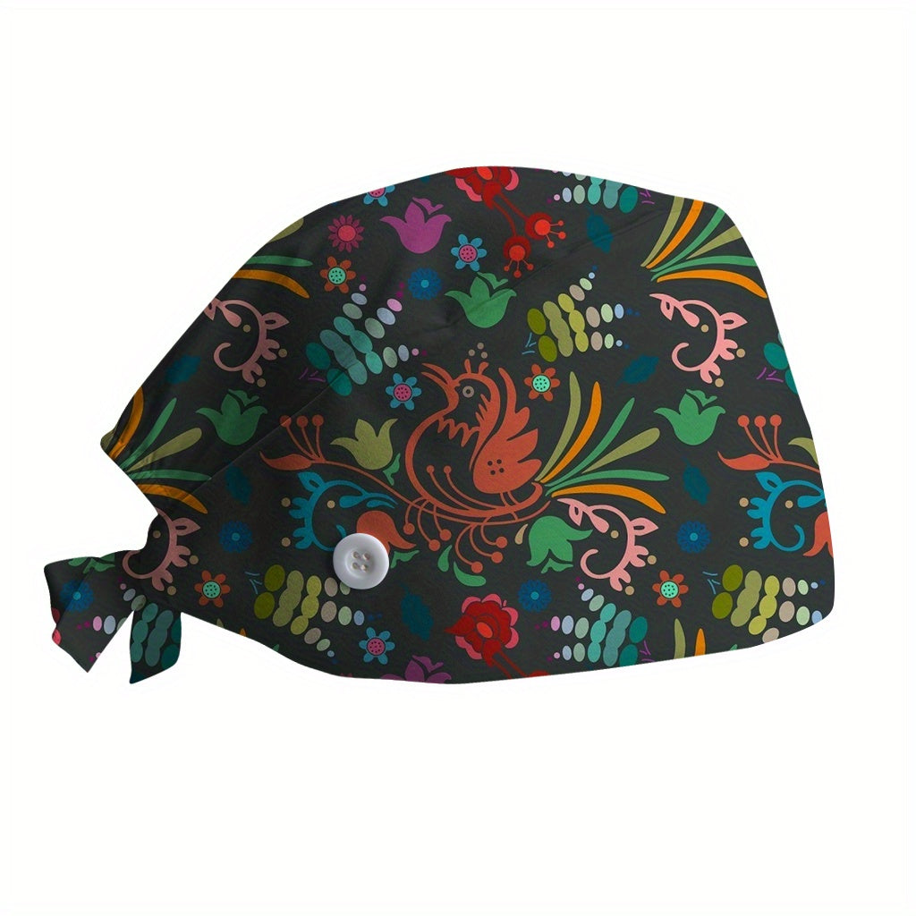 Cartoon Leaf Print Nurse Hat Adjustable Lightweight Scrub Cap