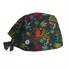Cartoon Leaf Print Nurse Hat Adjustable Lightweight Scrub Cap